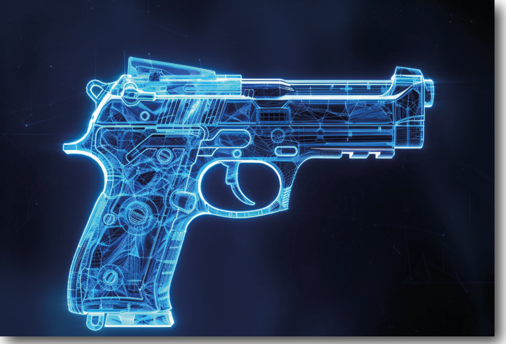 A Digital wireframe of a handgun which is being 3D printed