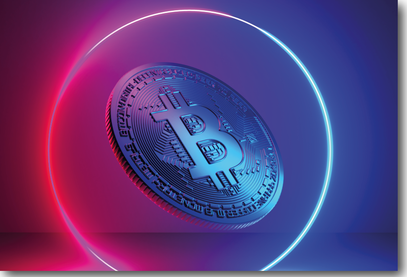 A digital image of Bitcoin on a multi-coloured background