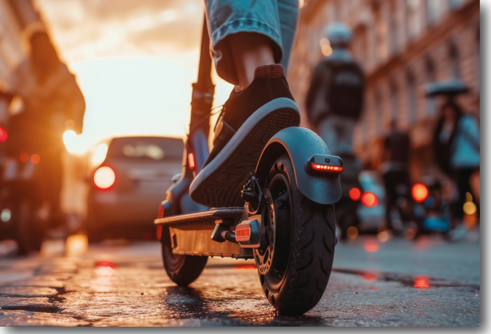 A close up of a persons heel riding an e scooter down a street