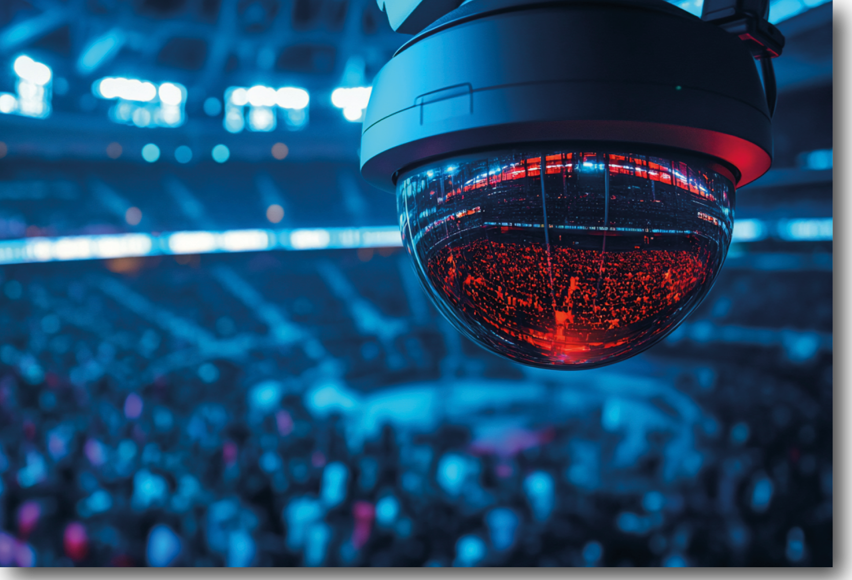 A photo of a busy arena with CCTV