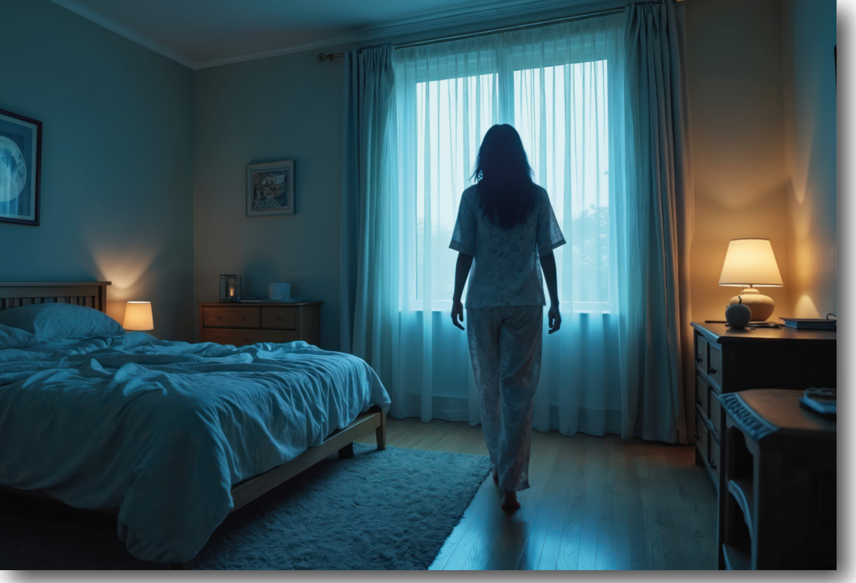 A person standing alone in a bedroom
